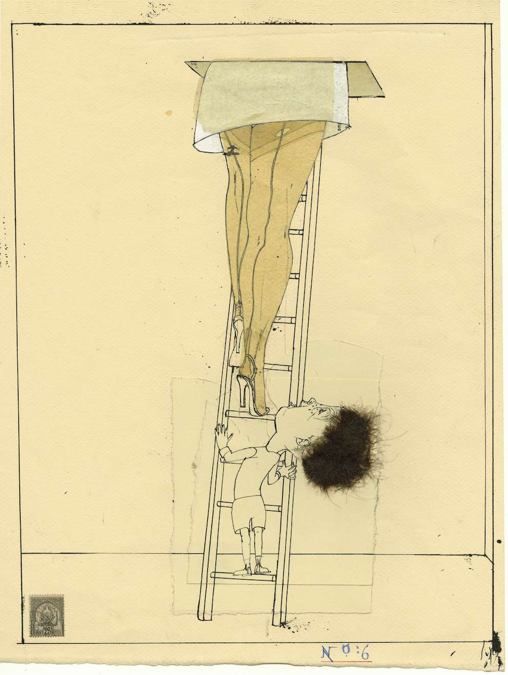 David Hughes, Line art illustration of a little kid looking under a woman's skirt while climbing a lader